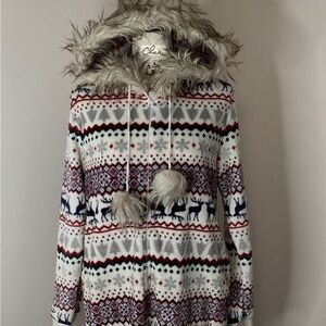 Christmas Women Union Suit Small Green Hooded Zips Fleece Fair Isle One winter